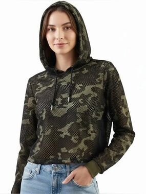 Guess camouflage camo mesh cropped hooded long sleeve top streetwear Y2K size XS